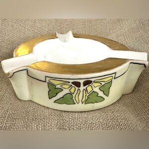 Antique Art Deco Nouveau Ceramic Ashtray White Gold & Green Accents 1922 Japan